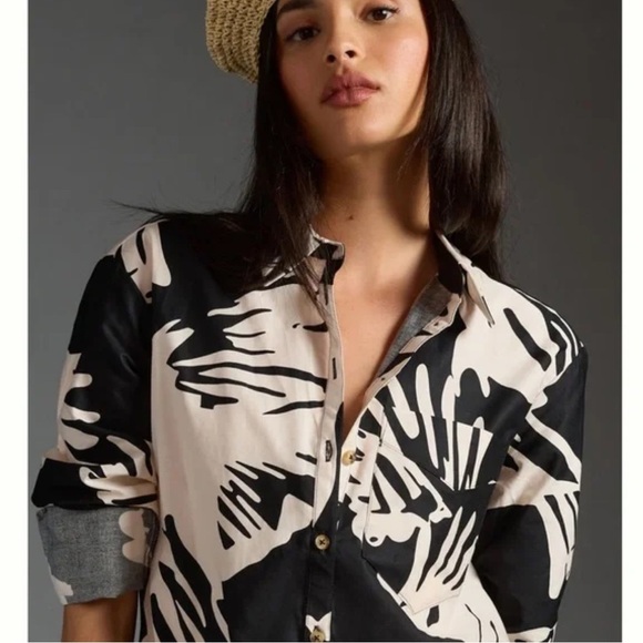 Anthropologie Maeve The Soren‎ Black White Bird Print Midi Shirt Dress XXS XS S - Picture 2 of 13